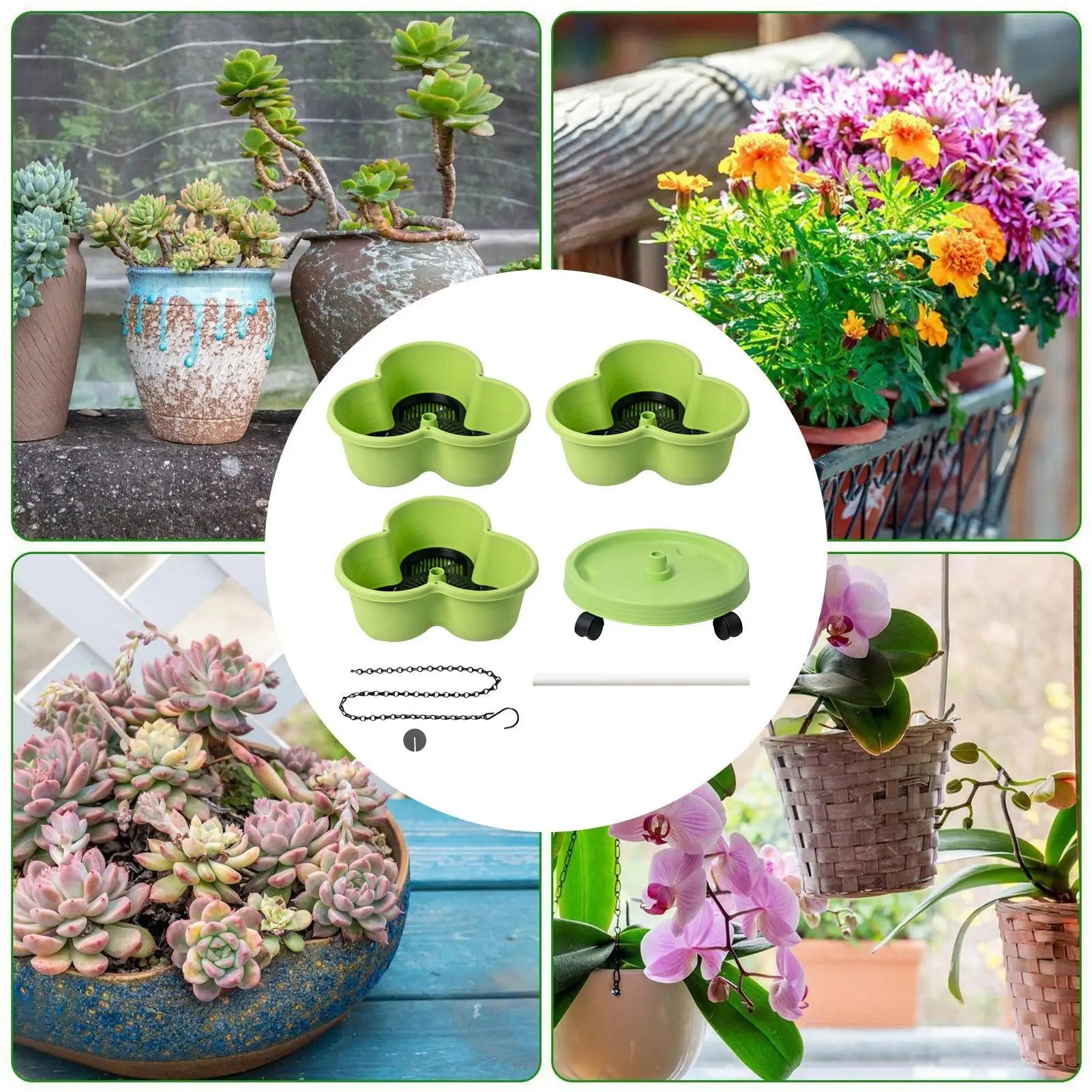 Light green stackable planter pots set with lids and rolling base, shown with accessories.