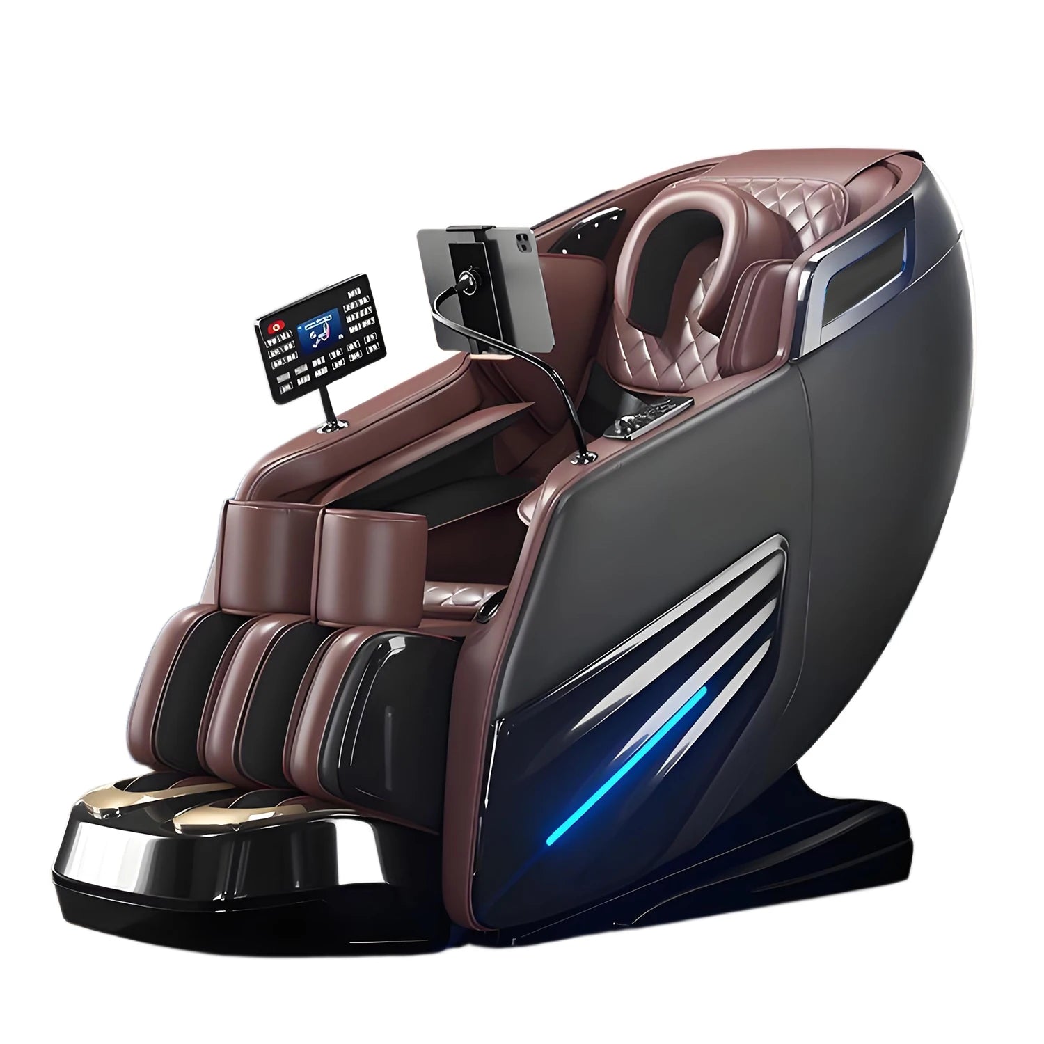 Black and brown leather massage chair with a touchscreen tablet mount and leg massagers for full-body relaxation.