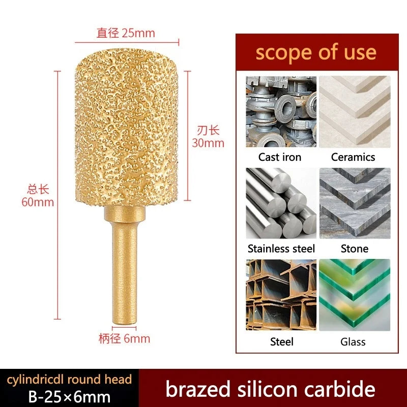 Brazed diamond grinding and polishing head, large cylindrical round gold tip with 6mm shank
