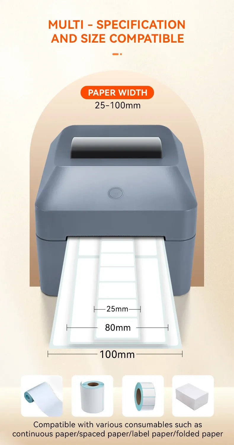 Gray thermal label printer with paper width sizing guide and label roll samples