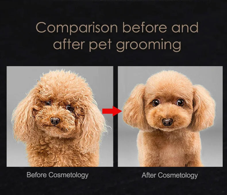 7-inch curved fishbone pet grooming shears for professional dog hair trimming and thinning before and after comparison.
