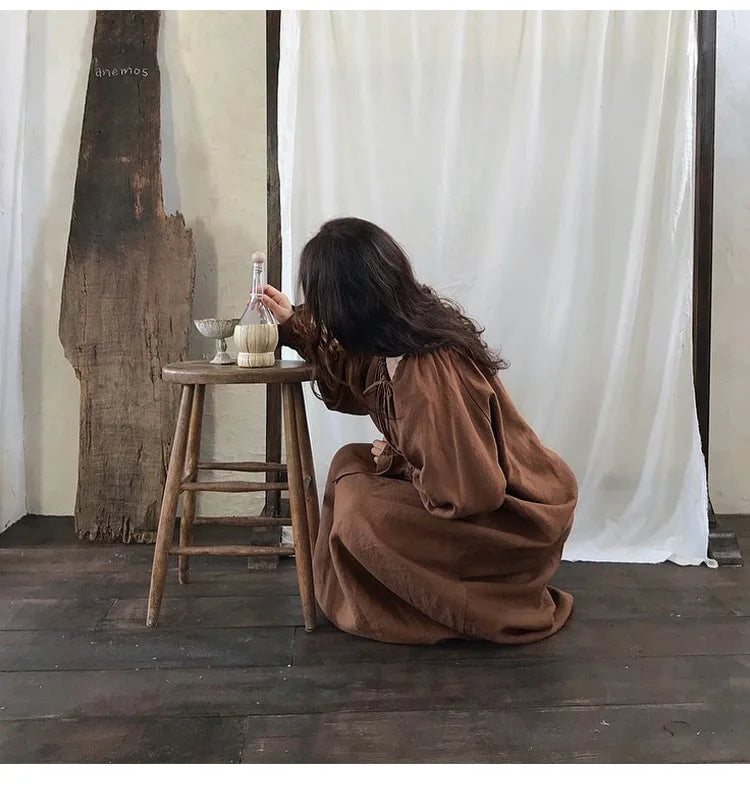Original New Spring Vintage Cotton Linen Dress for Women Solid Long Sleeve Drawstring Linen One-Piece Dress Maxi Dress