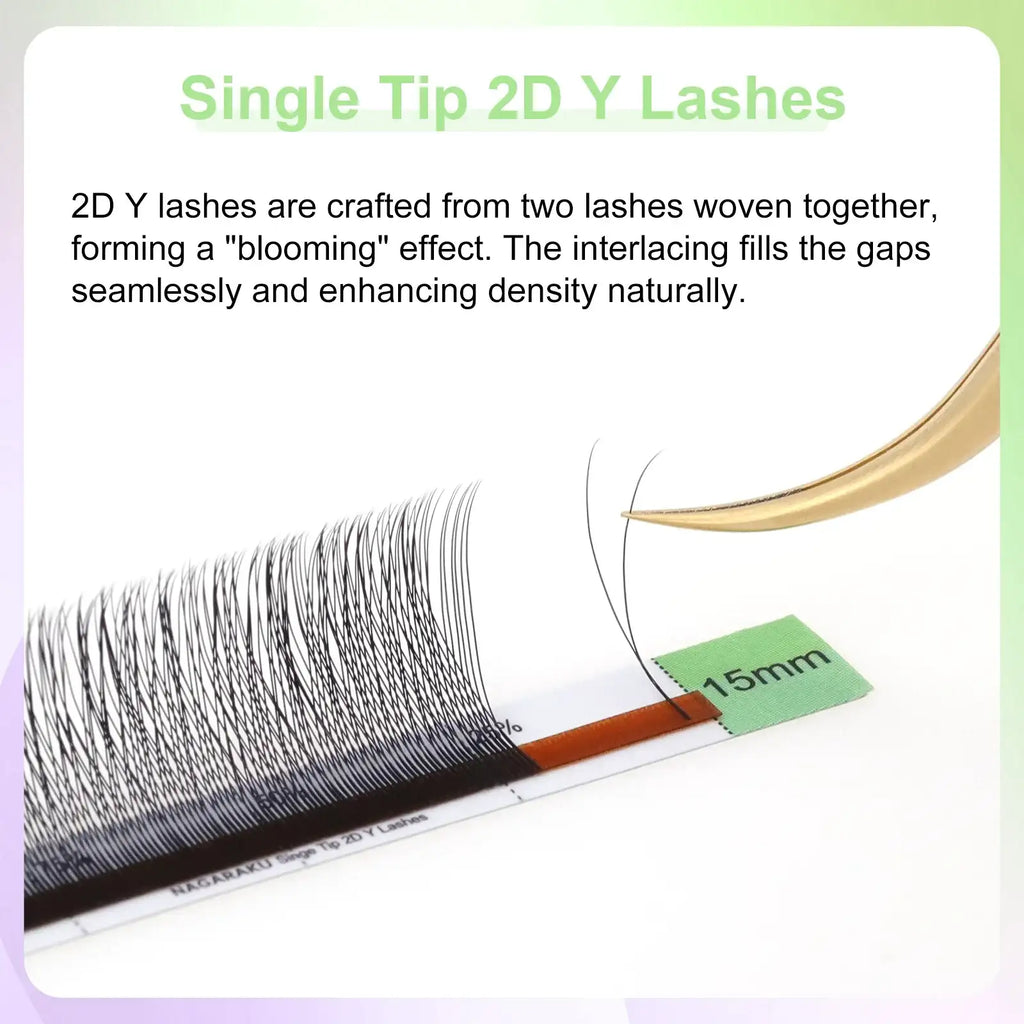 NAGARAKU 2D Y eyelash extensions on a 15mm strip, being lifted by gold tweezers to show the crisscross mesh style.