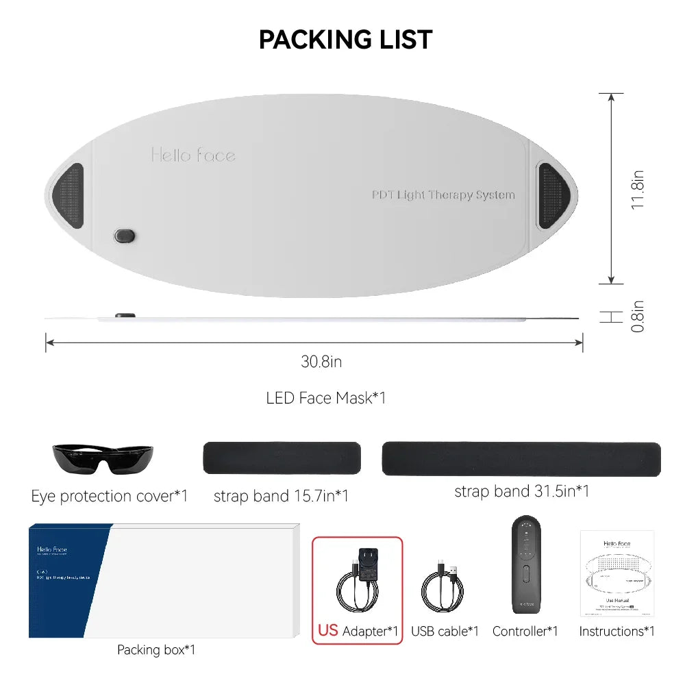 Packing list for Hello Face LED light therapy mask, including mask, straps, glasses, controller, cables, and box.