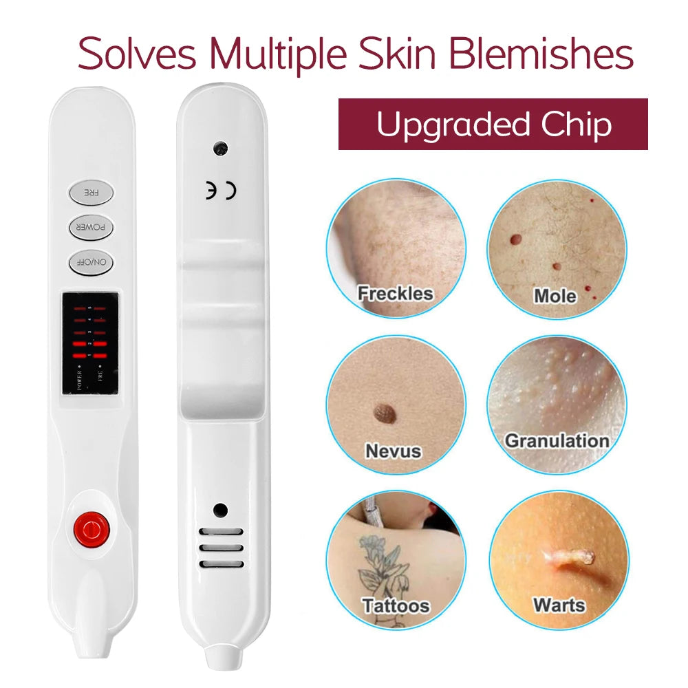 White plasma skin tag and mole removal pen with LED display for home use to treat freckles, tattoos, and warts.