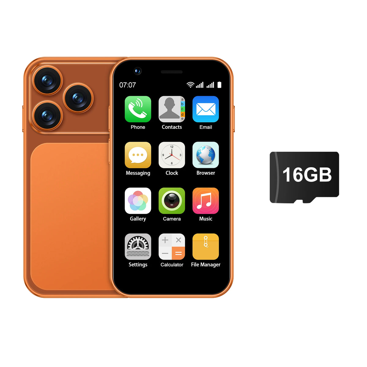 Orange smartphone with dual rear cameras, front screen and 16GB storage card