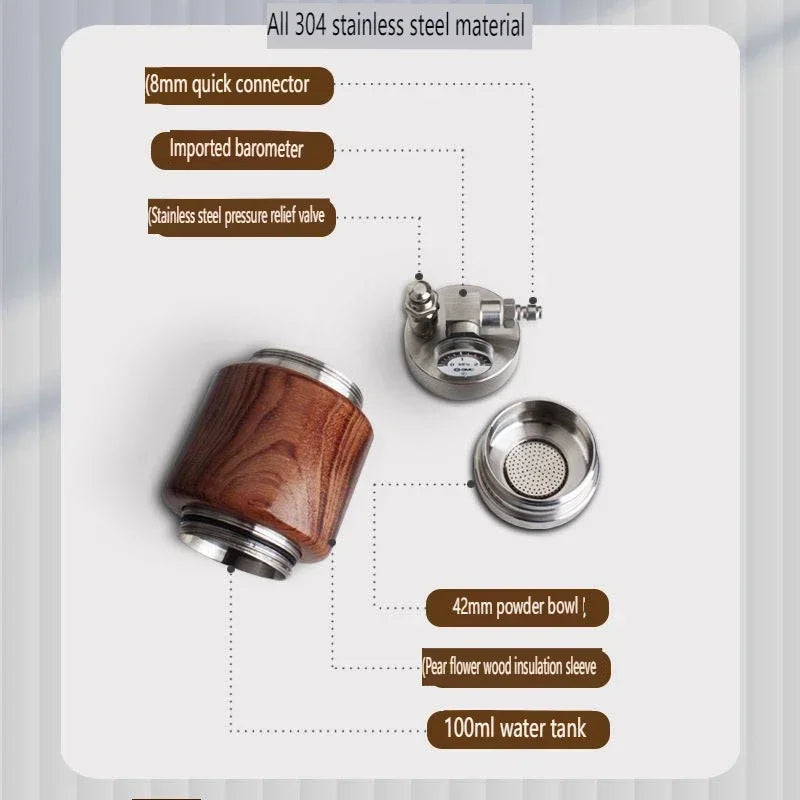 Stainless steel portable espresso maker parts with wood insulation sleeve, pressure gauge, and 100ml water tank.