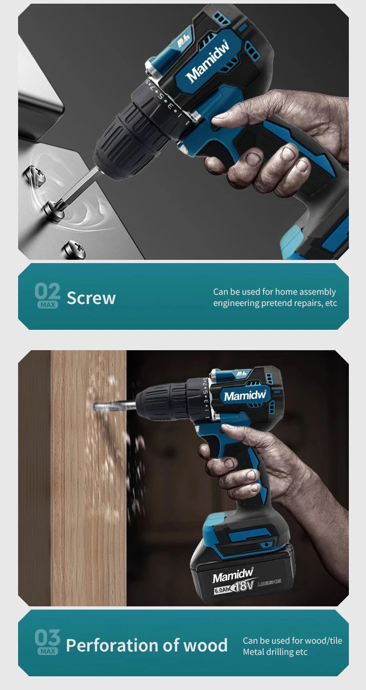 Mamidw 18V Brushless Cordless Drill, 2 Speed Adjustable Handheld Power Drill, Multi Torque Setting Electric Drill for Wood Metal Screwdriving & Drilling, Compatible with Makita 18V Battery PIN.