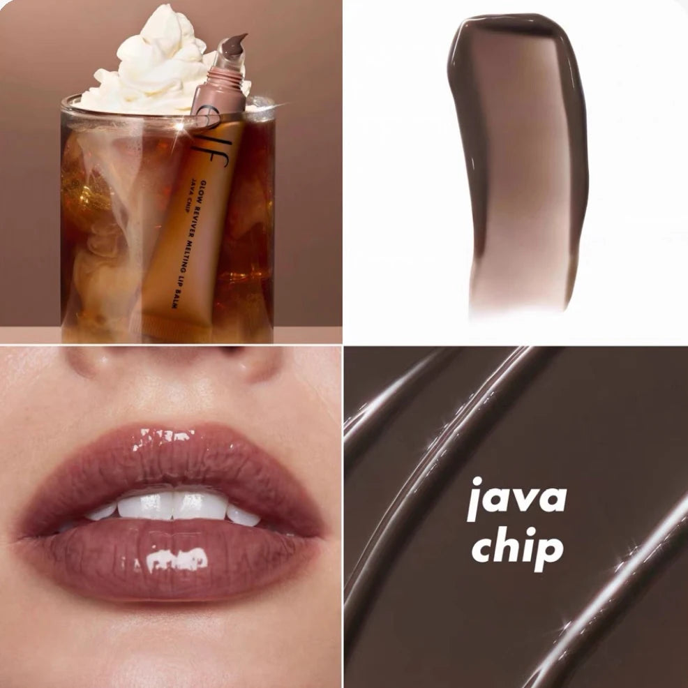 e.l.f. Glow Reviver Melting Lip Balm in Java Chip: glossy brown lip balm swatch with a high-shine, hydrating finish.