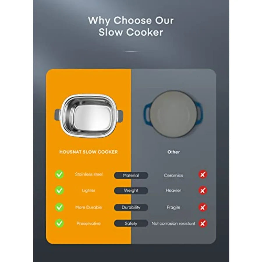 Silver slow cooker comparison panel highlighting stainless steel and safety benefits