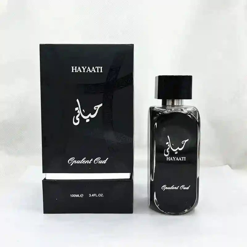 Hayaati Opulent Oud men’s perfume: 100ml Arabic scent in black rectangular bottle with luxurious gift box.