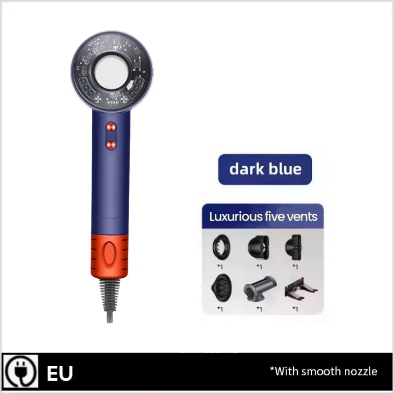 Dark blue high-speed leafless hair dryer with 5 nozzles for professional styling and fast hair drying.