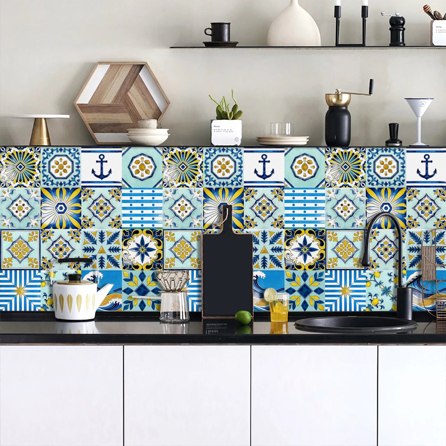 16pcs Portuguese Azulejo Tile Decals - Blue Yellow Floral Geometric Self-Adhesive Wall Stickers for Home Decor