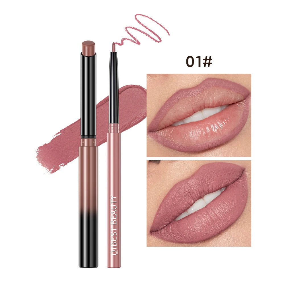 QIBEST 2pcs matte nude lipstick and lip liner set in 01# with long-lasting waterproof velvet finish on lips.