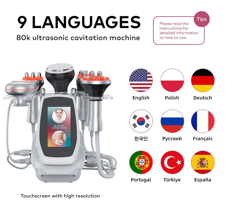 6-in-1 80K ultrasonic cavitation machine for slimming and RF skin tightening with touchscreen and 9 language options.