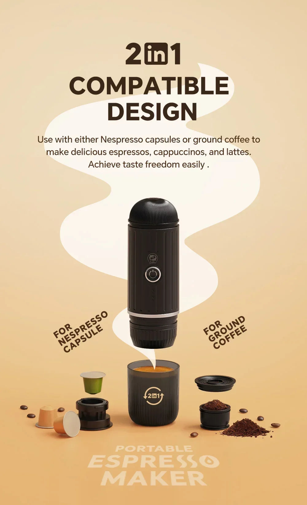 Portable black 2-in-1 espresso maker compatible with Nespresso capsules and ground coffee.