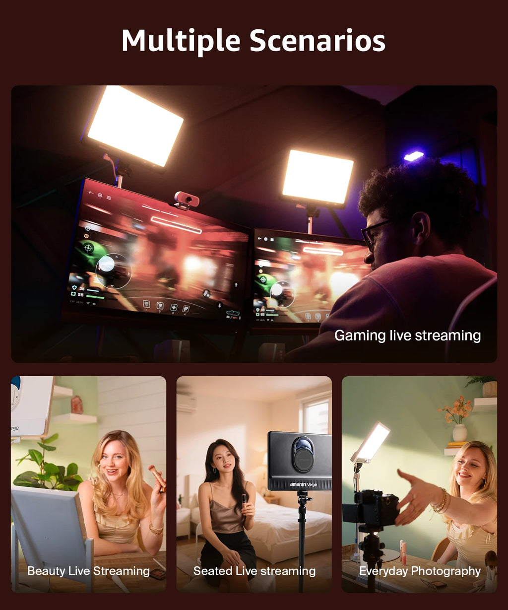 Rectangular LED panel lights on adjustable stands used for gaming, makeup tutorials, and photography setups.