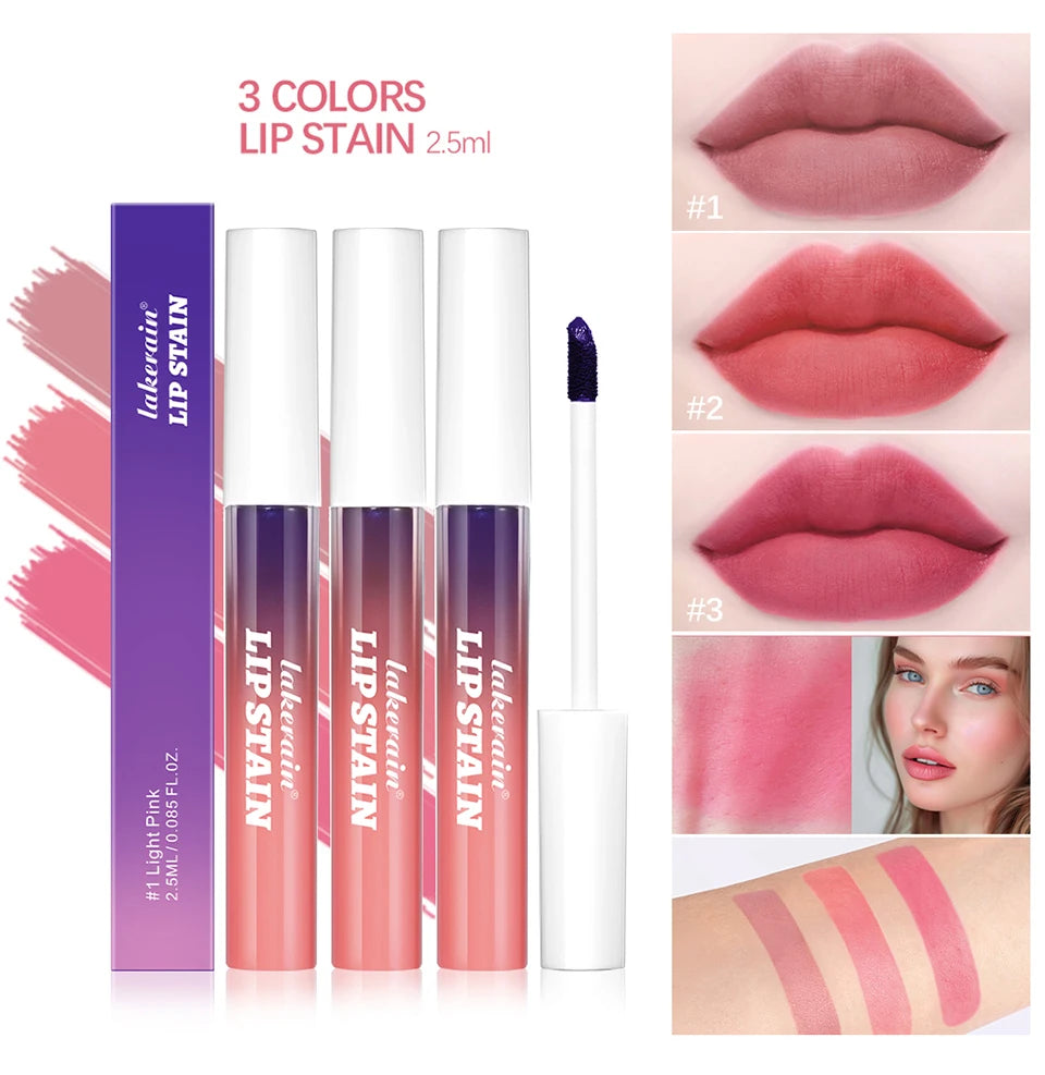 Waterproof peel-off lip stain set with 3 matte colors, showing applicator, lip swatches, and smooth texture.