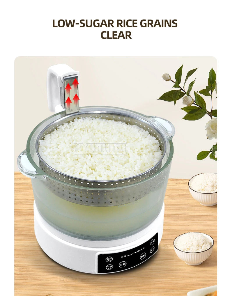 Electric rice cooker with clear glass lid and steaming basket, low-sugar rice grains visible.