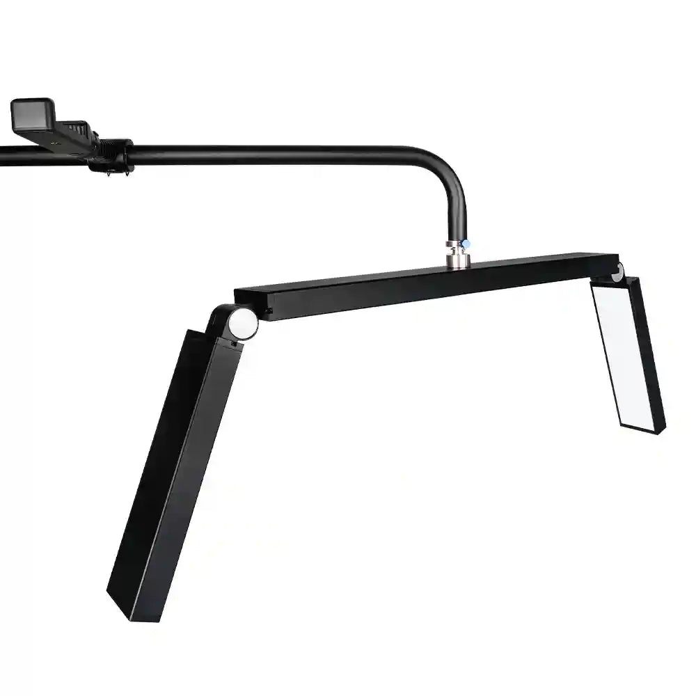 Black LED dual-arm lamp with adjustable side panels for workbench or desk task lighting.