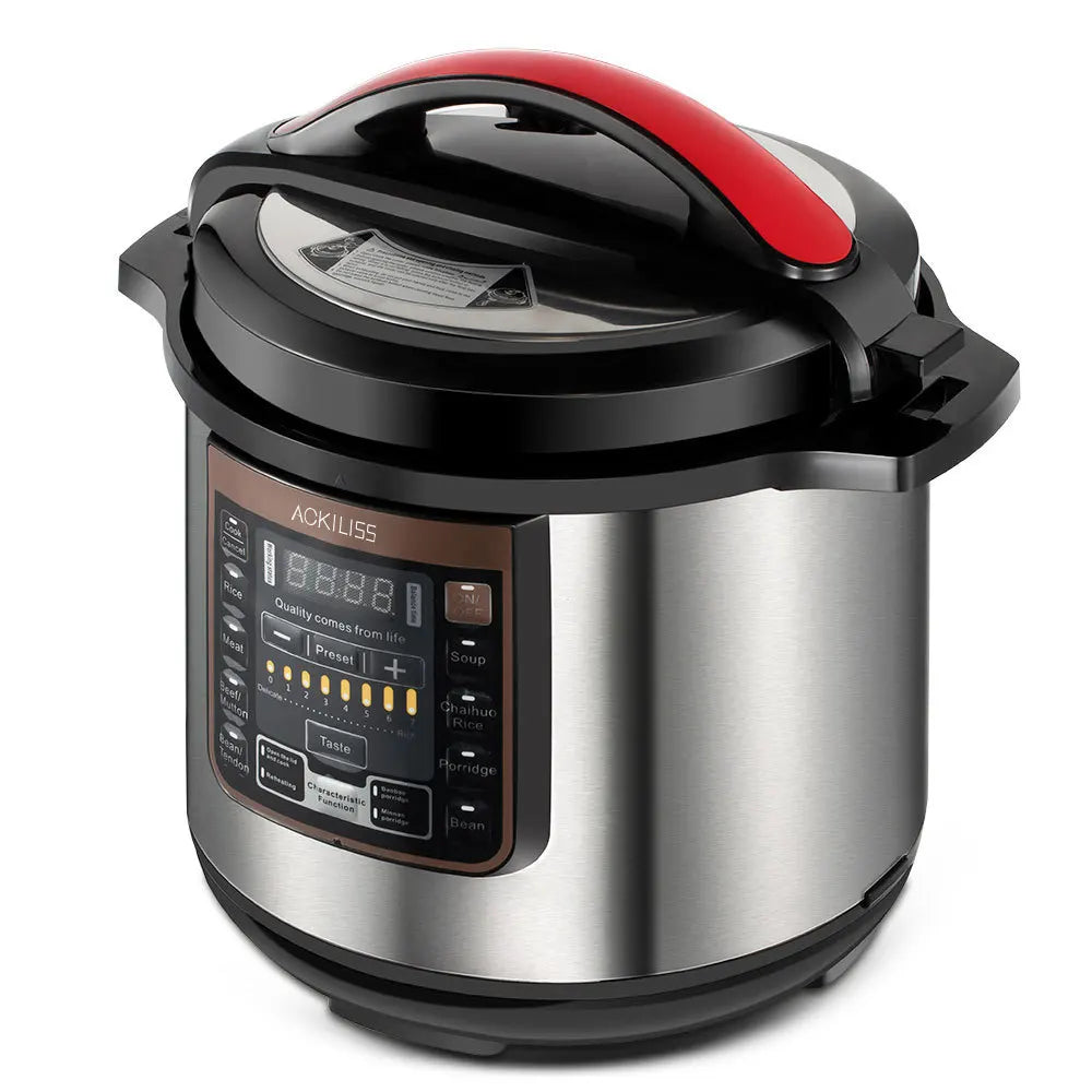 Electric pressure cooker with stainless steel body, black lid, and red handle