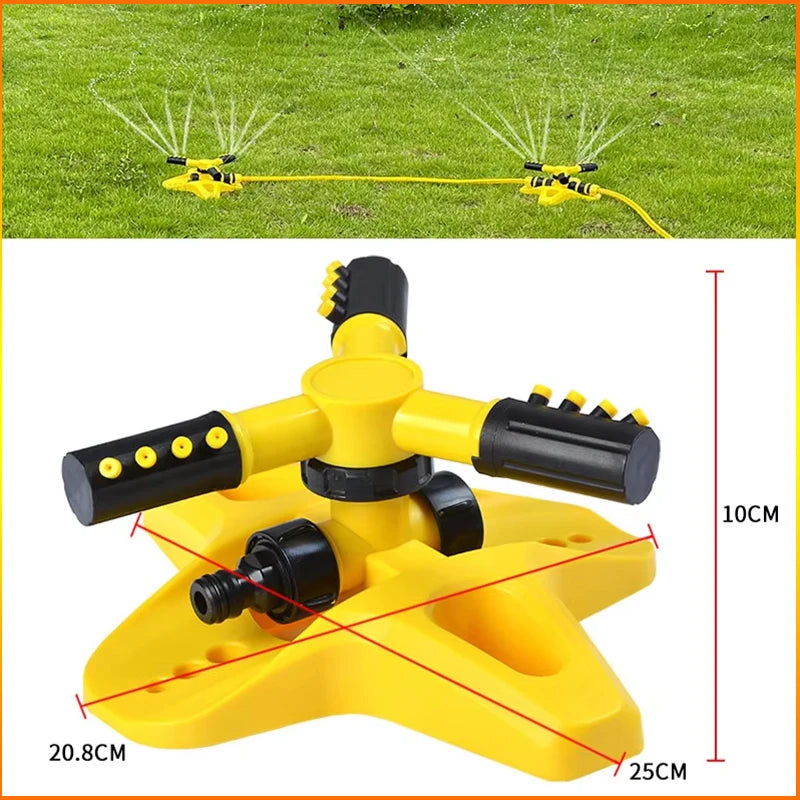 Yellow 360° rotary lawn sprinkler on base with labeled dimensions and hose inlet
