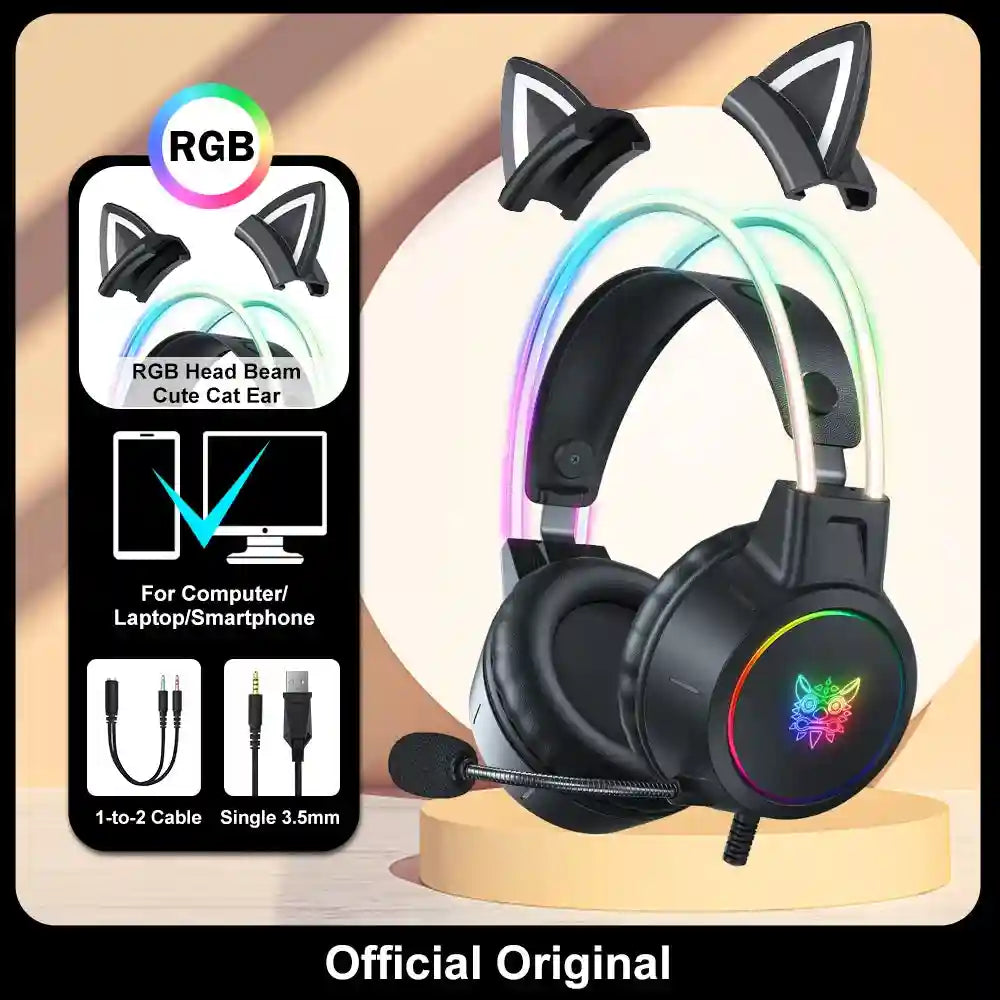Gaming Headset with Mic - Wired Over-Ear Headphones for PC & Console Black with Cat Ear Tidesmit