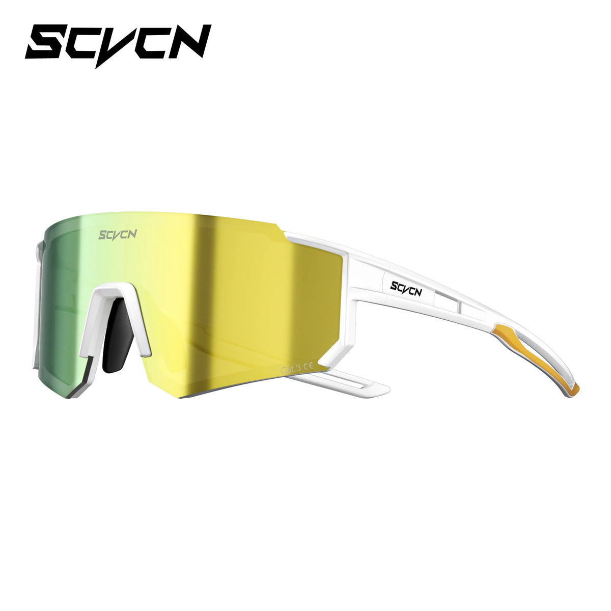 Cycling sunglasses, yellow-green mirrored lens with white frame and side shield