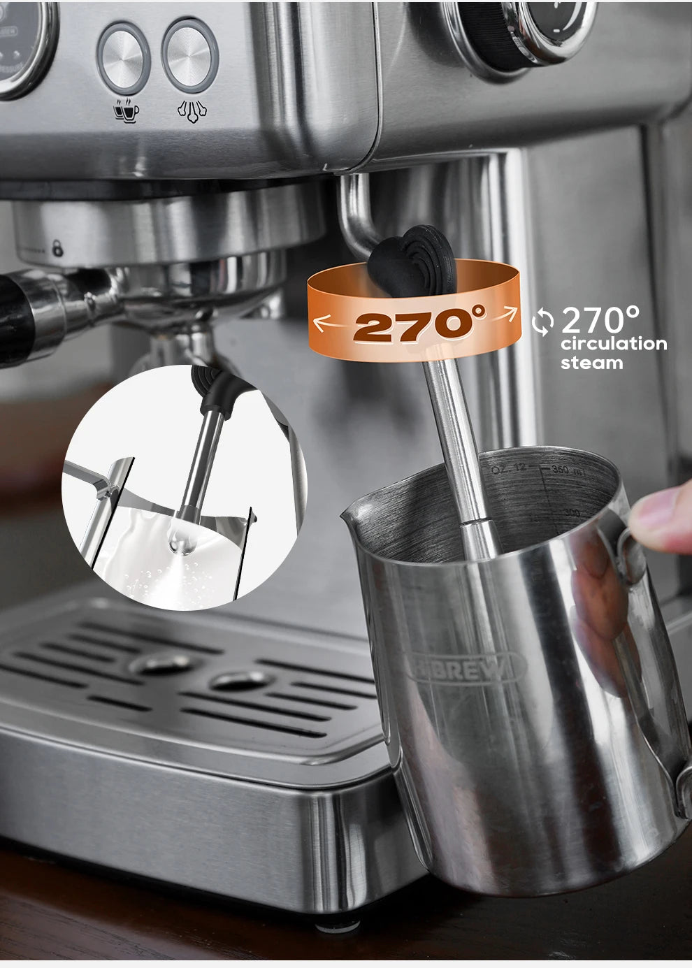 HiBREW espresso machine stainless steel steam wand with 270-degree rotation and milk frothing pitcher.