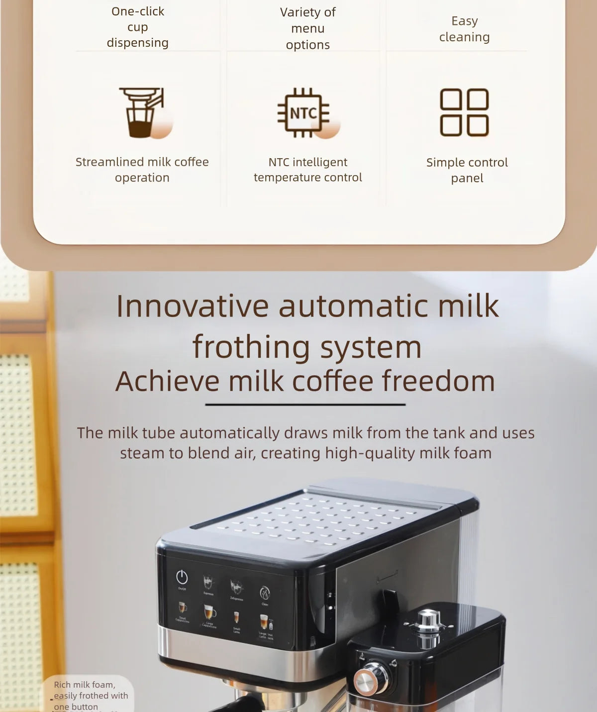 Automatic black and silver espresso machine with integrated milk frother, one-touch control panel, and NTC sensor.