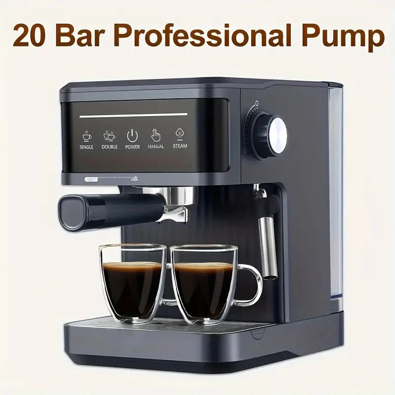 Matte black 20-bar professional espresso machine with digital touch panel, portafilter, and double glass coffee mugs.