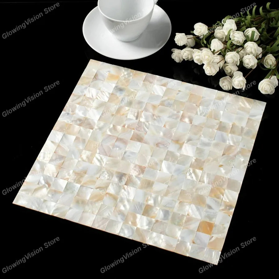 Iridescent mother-of-pearl mosaic tile sticker sheet with uniform white square tiles