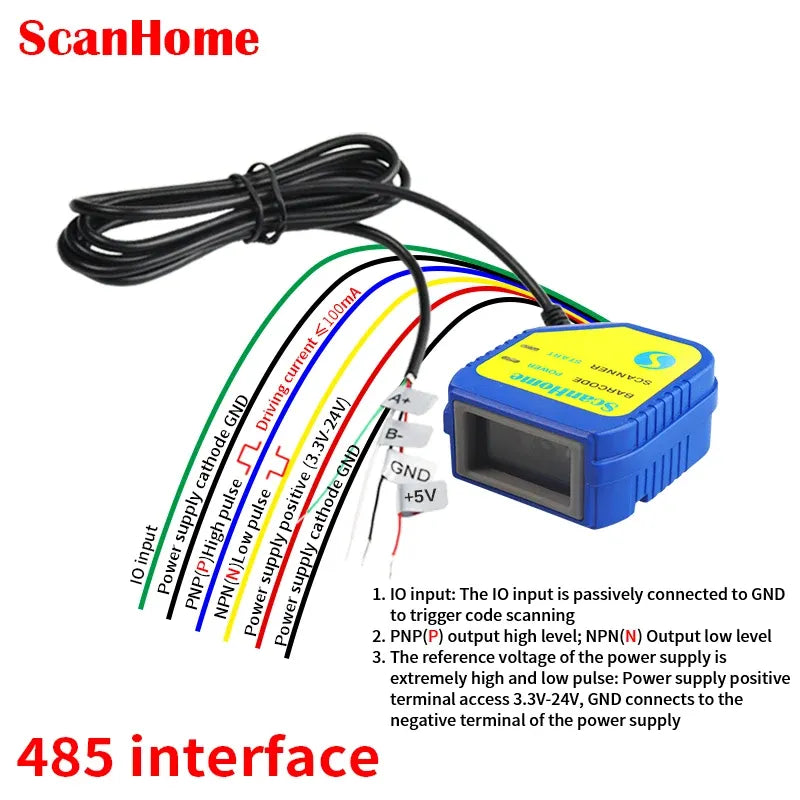 Blue barcode scanner module with black cable bundle and front display window