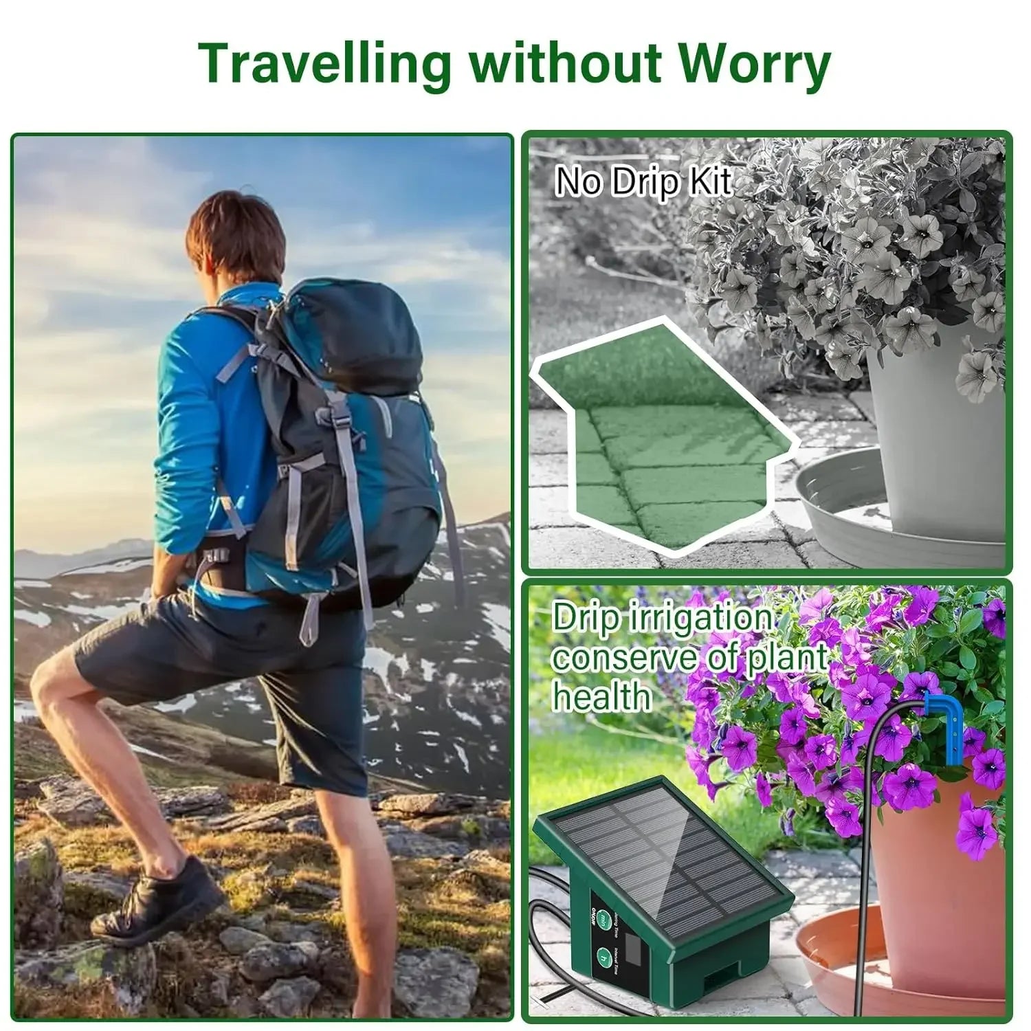 Portable solar drip irrigation kit with green solar panel and hose for plant watering