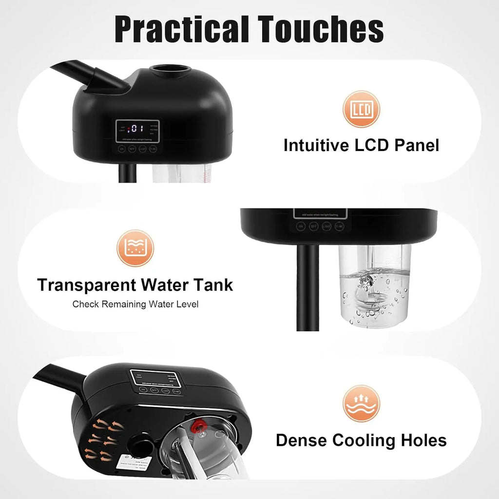 Black professional facial steamer features an intuitive LCD screen, transparent water tank, and safety cooling holes.
