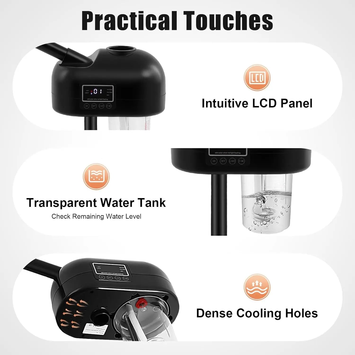 Black professional facial steamer features an intuitive LCD screen, transparent water tank, and safety cooling holes.