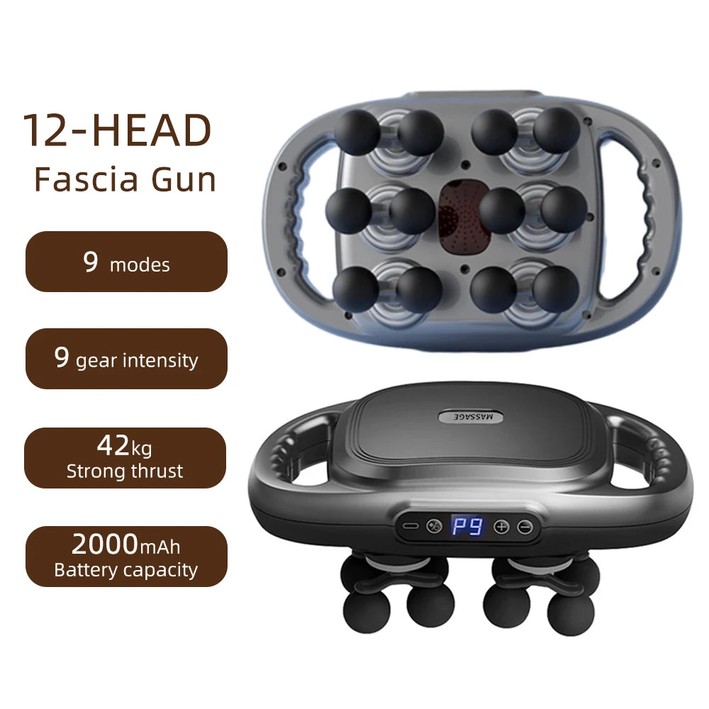 12-head gray fascia massage gun with handles, 9 intensity modes, and a digital display for muscle recovery.