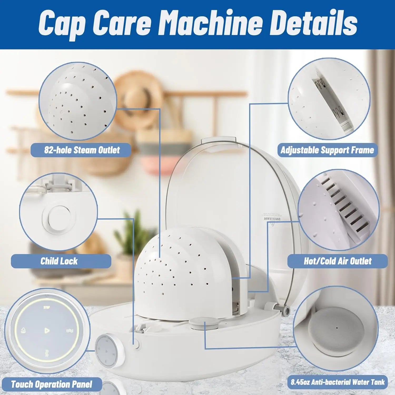 Tidesmit automatic cap cleaner machine showing steam cleaning and drying features for baseball caps and bucket hats