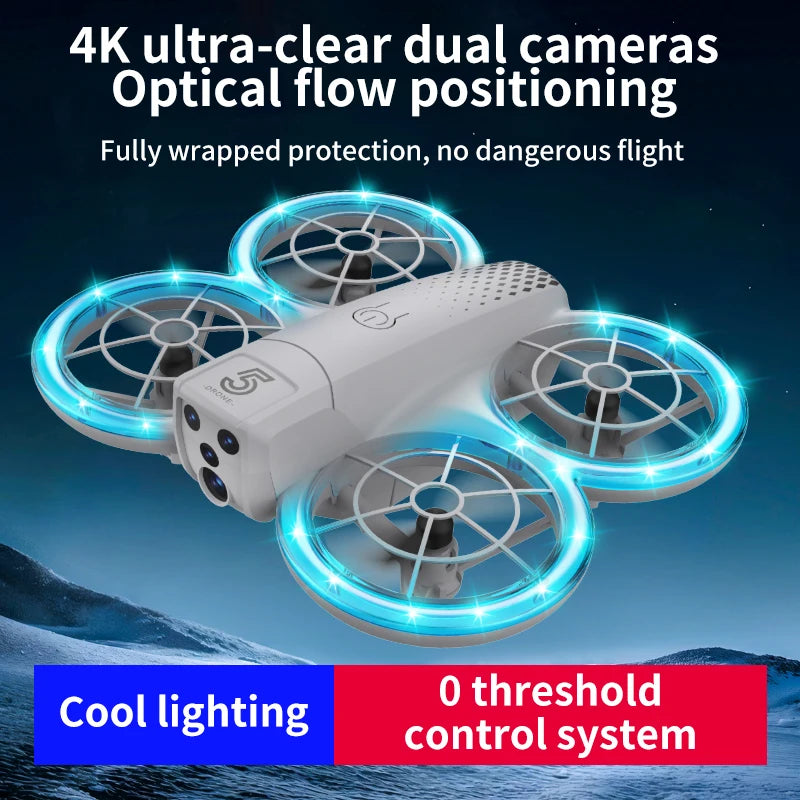 White dual-camera drone with four protected propellers featuring glowing blue LED ring lights for steady flight.