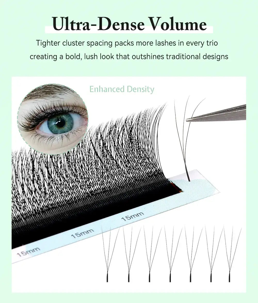 Black 3D W-shape eyelash extensions with narrow, dense clusters on a 15mm tray, plus a close-up eye application.