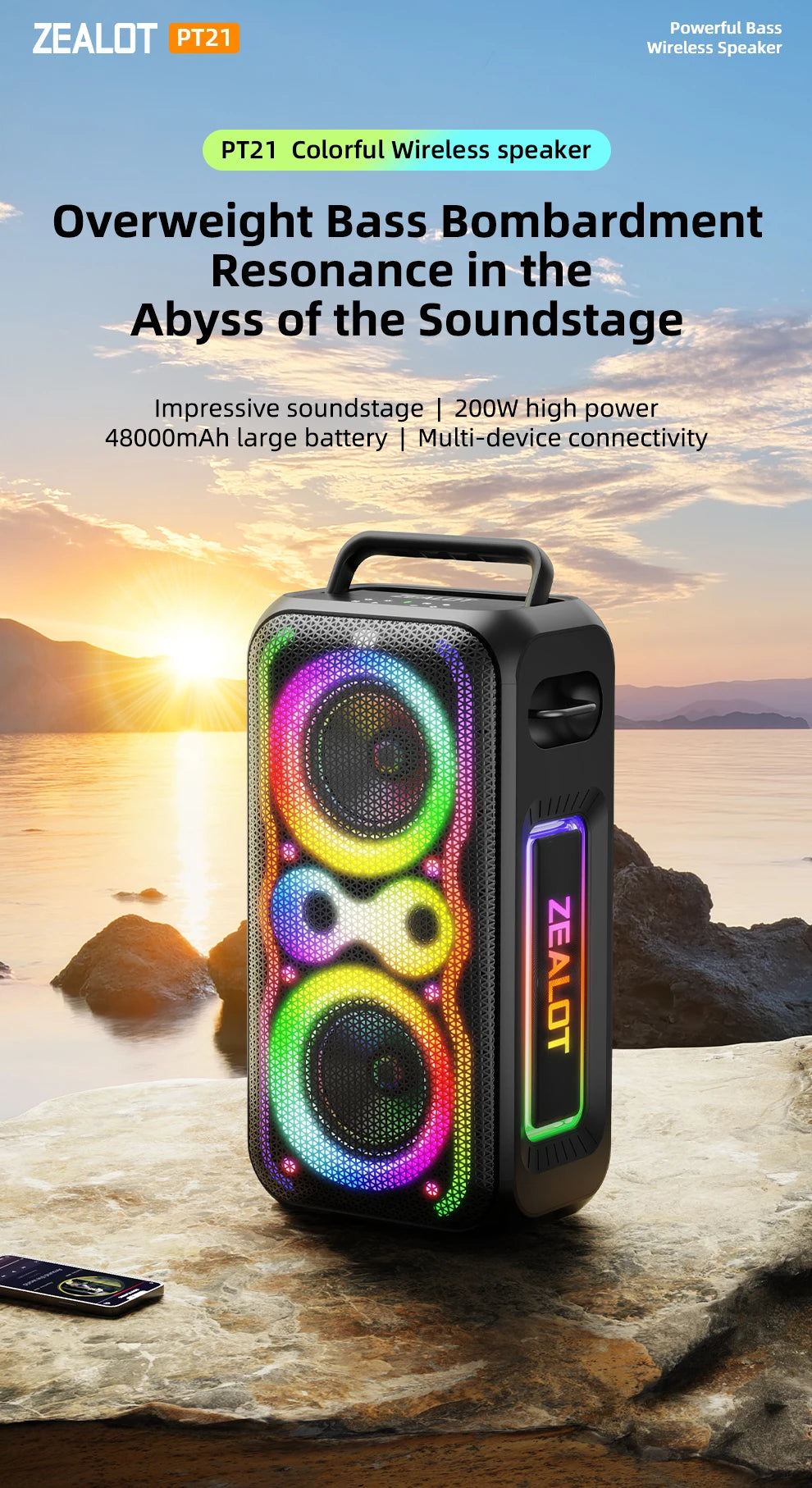 Zealot-PT21 Large Portable Bluetooth Speaker Loudest，200W Deep Bass, V5.3 Big Party Boombox Wireless Speaker For Camping Hiking