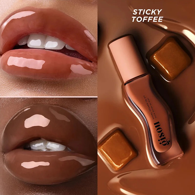 Gisou Honey Infused Lip Oil in Sticky Toffee, a high-shine plumping lip gloss with a rich, glossy brown tint.