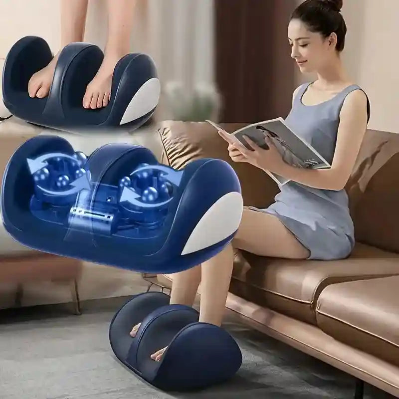 Blue electric shiatsu foot and leg massager with deep tissue kneading rollers and heating for home relaxation.