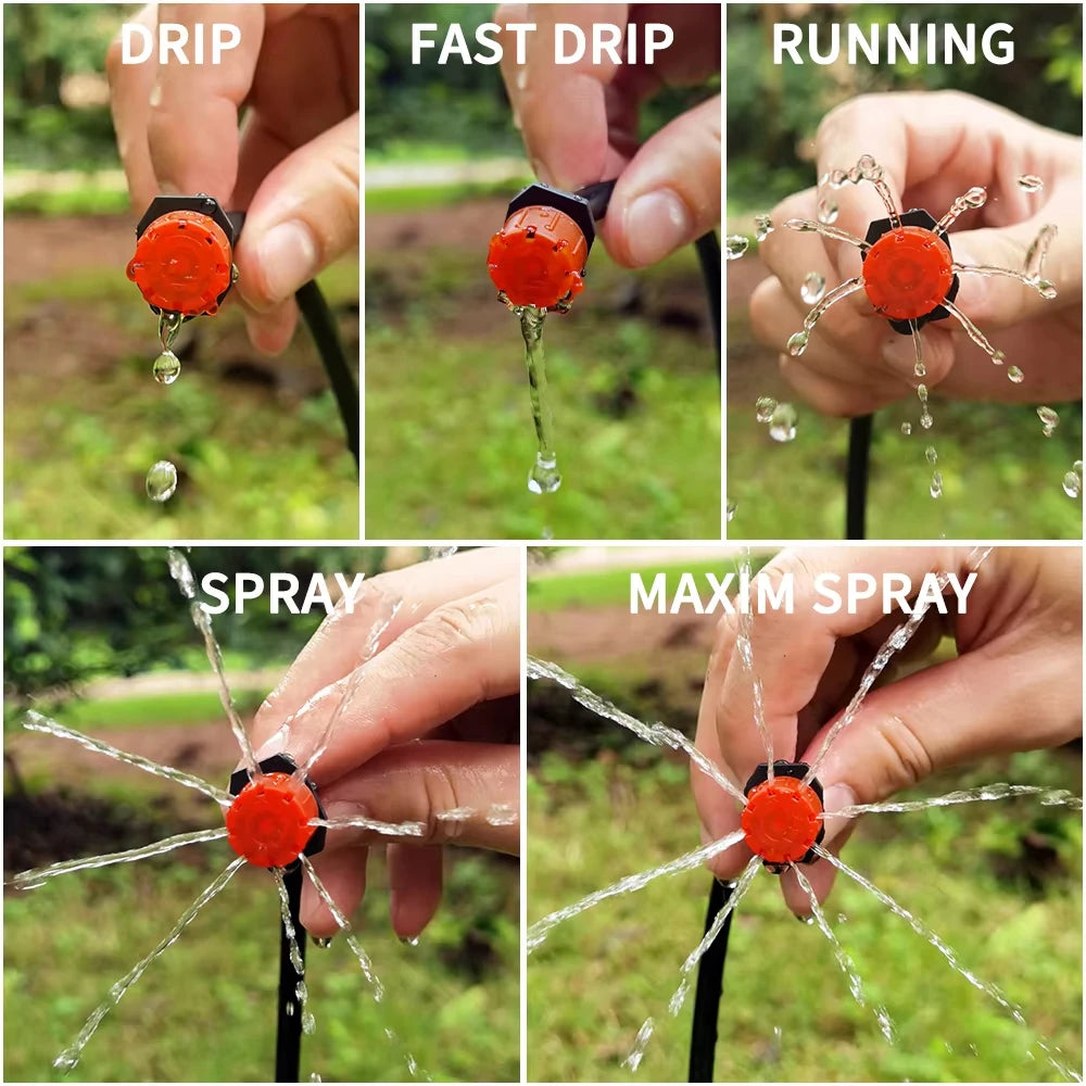 Handheld adjustable drip nozzle showing droplet spray patterns from red emitter