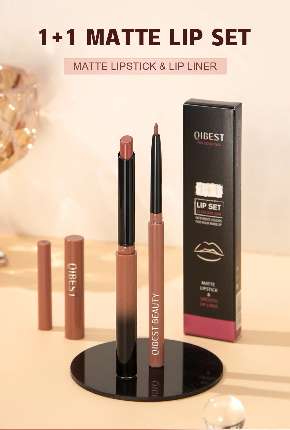 QIBEST 2pcs nude matte lipstick and waterproof lip liner pencil set in slim packaging with matching box.