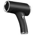 Black portable cordless hair dryer with negative ion technology, compact ergonomic design, and silver accents.