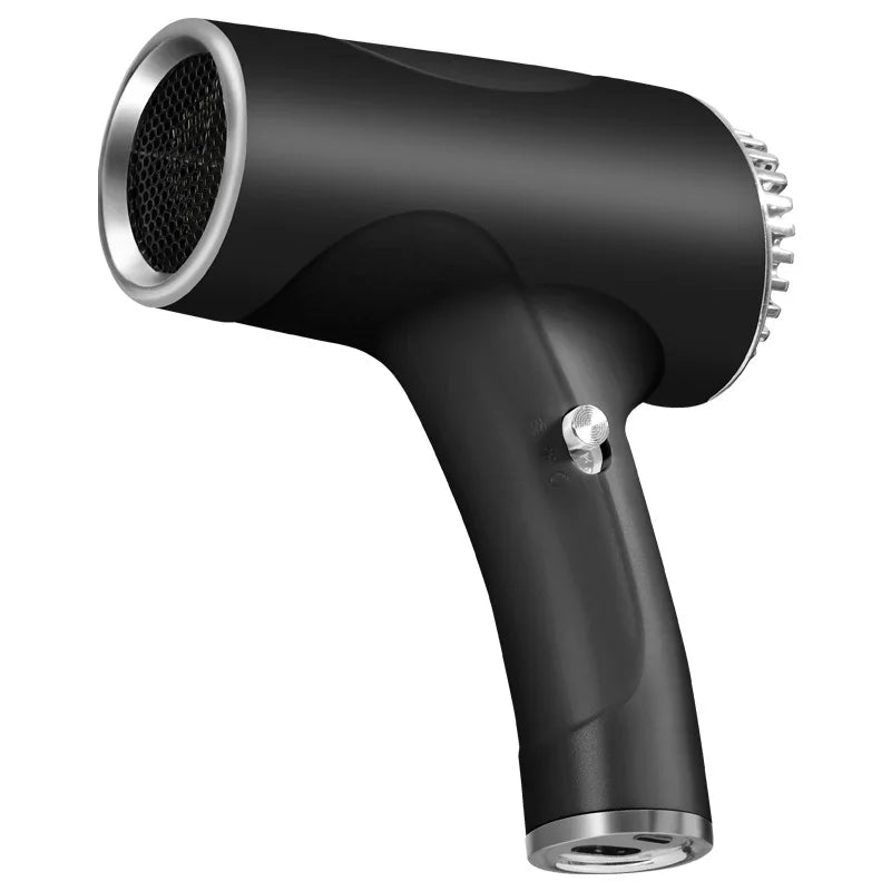 Black portable cordless hair dryer with negative ion technology, compact ergonomic design, and silver accents.