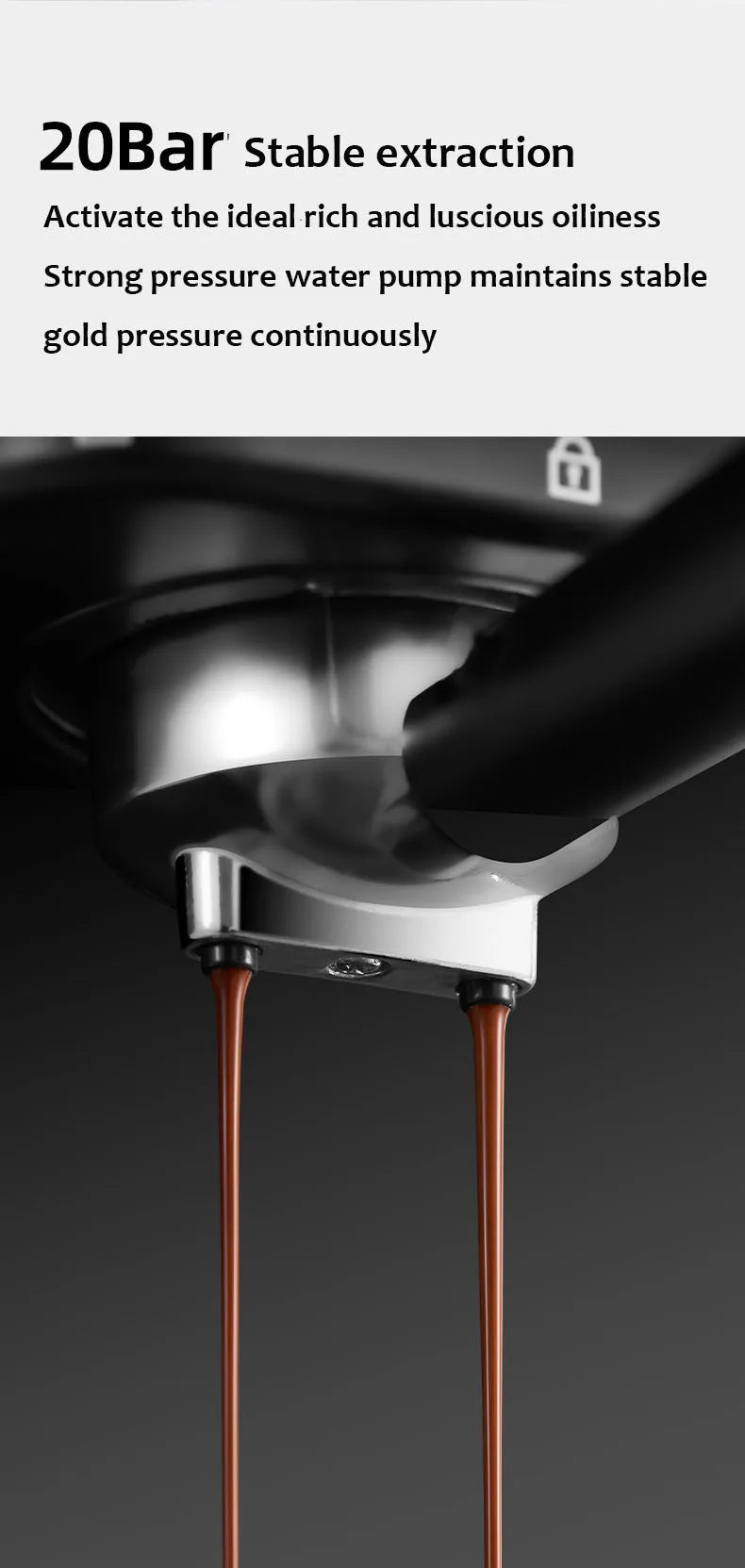 Espresso machine metal portafilter extracting double shots of coffee with 20-bar pressure technology.
