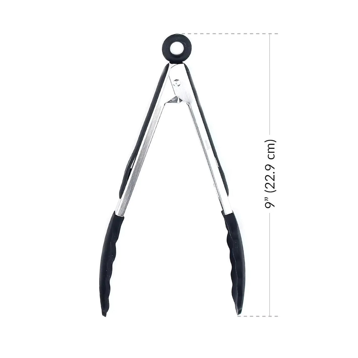 Black and white air fryer tongs with locking loop and angled grip tips.