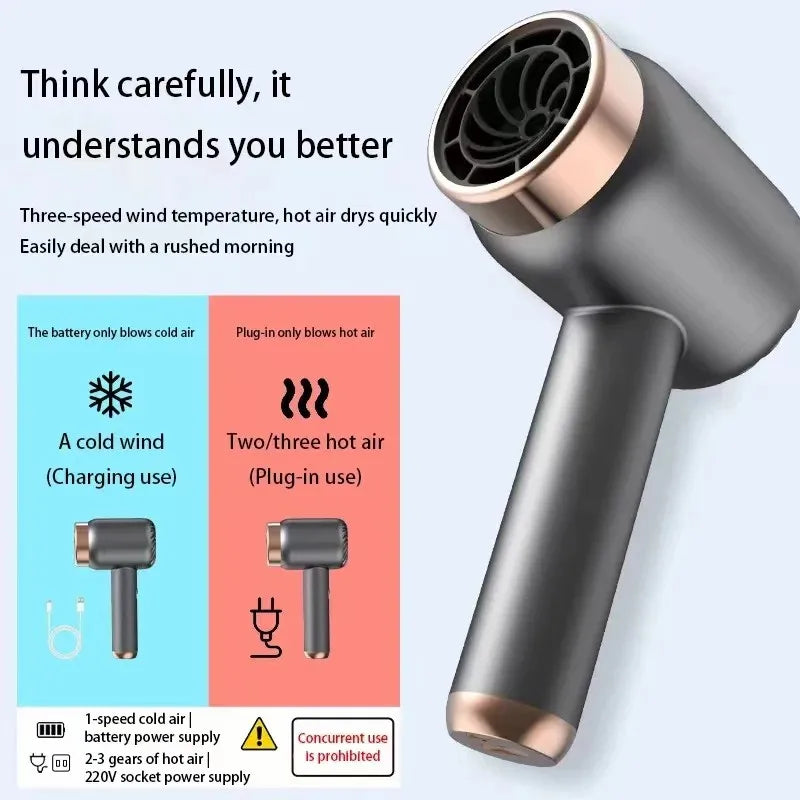 Portable dark grey & rose gold hair dryer with cordless cold air and corded hot air settings for travel styling.
